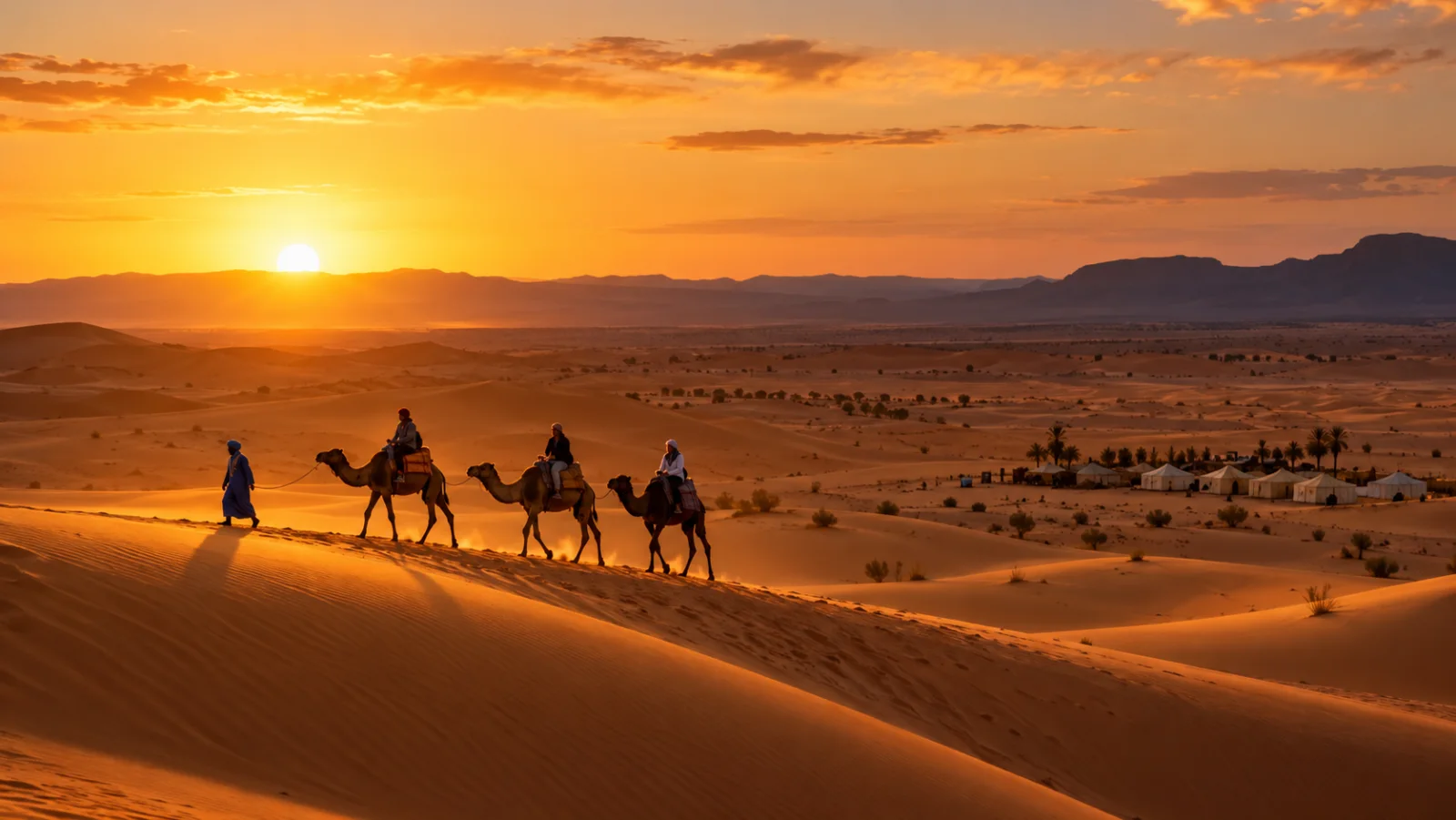 Camel caravan crossing the Erg Chebbi dunes on a 3-day Marrakech to Fes desert tour