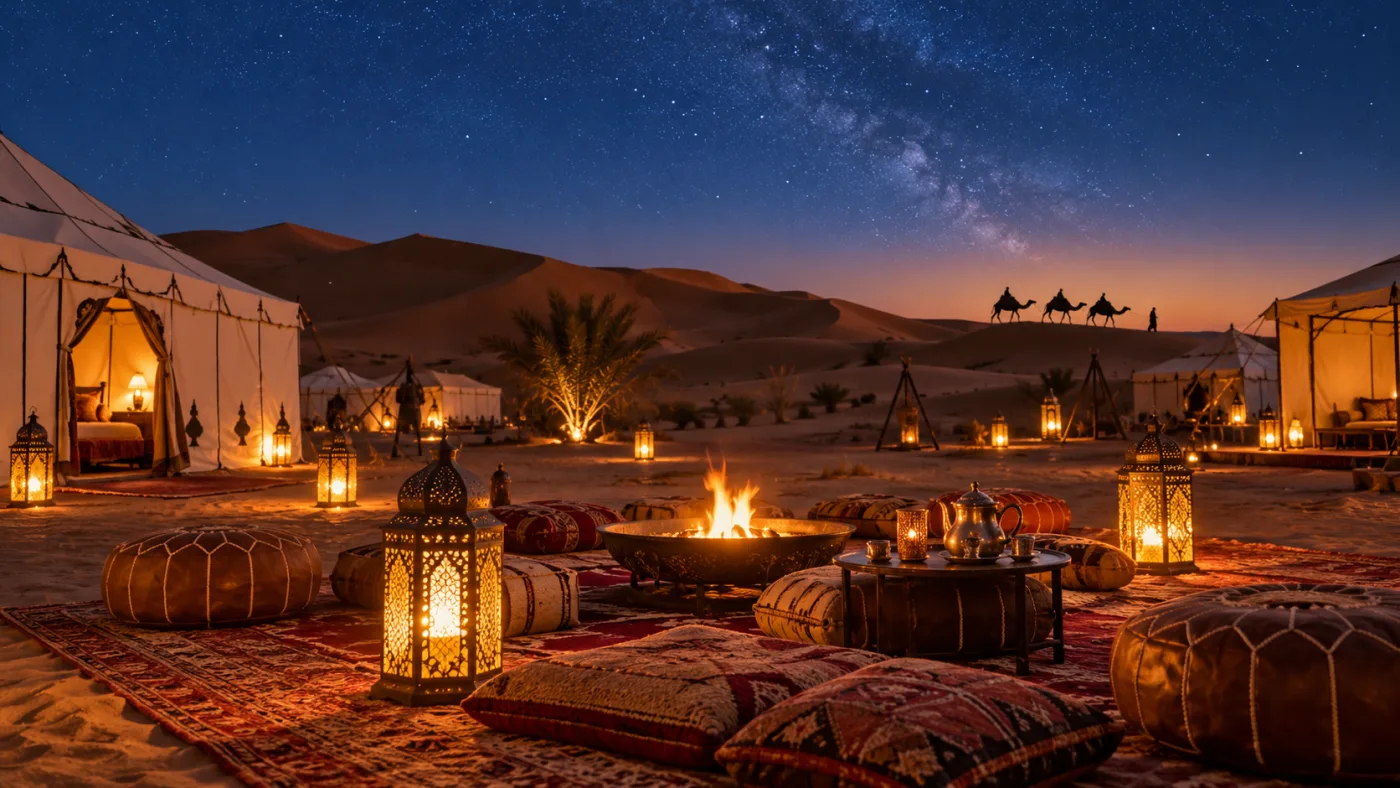Lantern-lit desert camp beneath the stars in Merzouga during a Marrakech to Fes tour